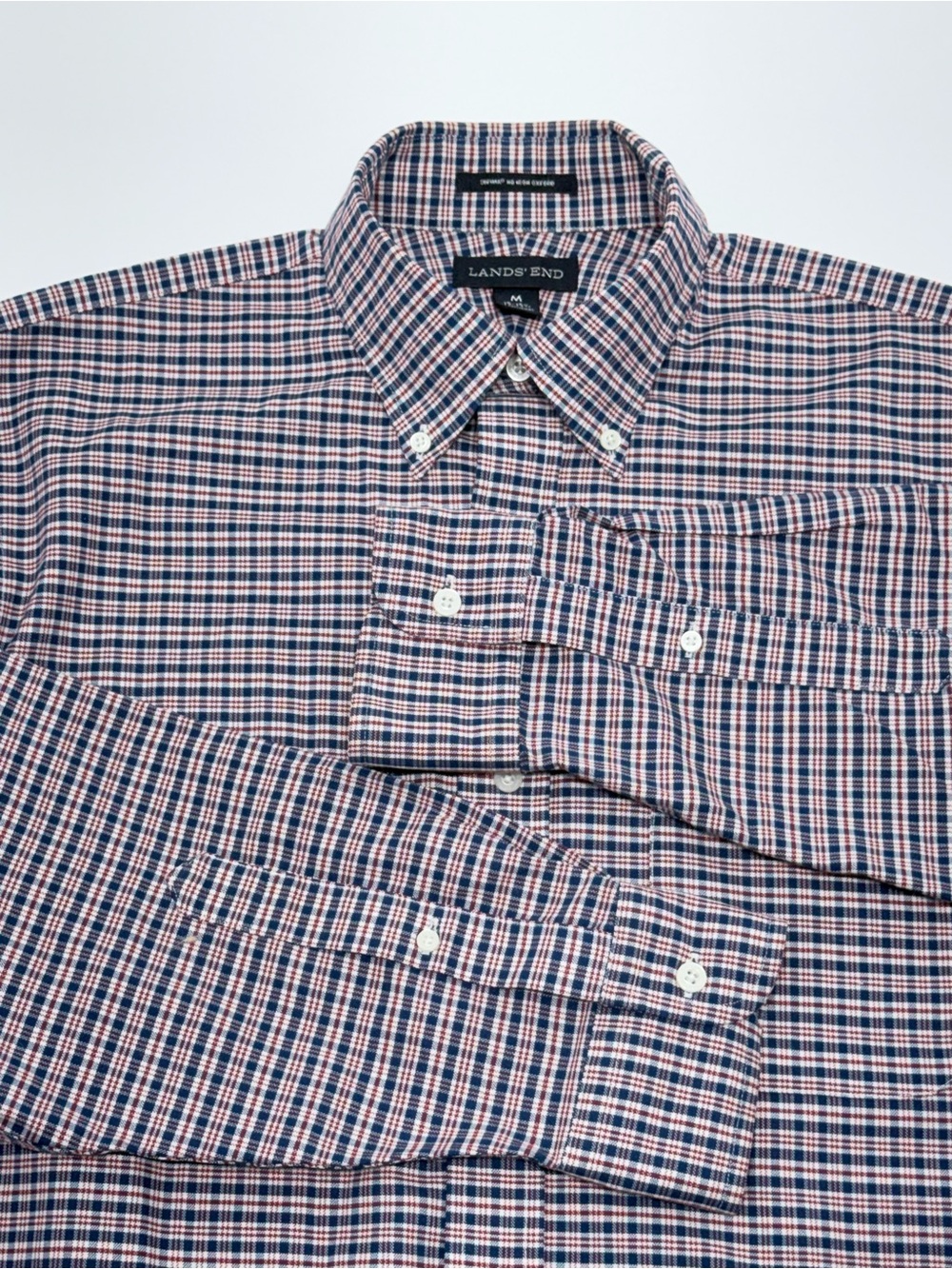 Lands’ End Shirt Men M 15-15.5 Blue Red Plaid Supima Oxford No Iron Long Sleeve